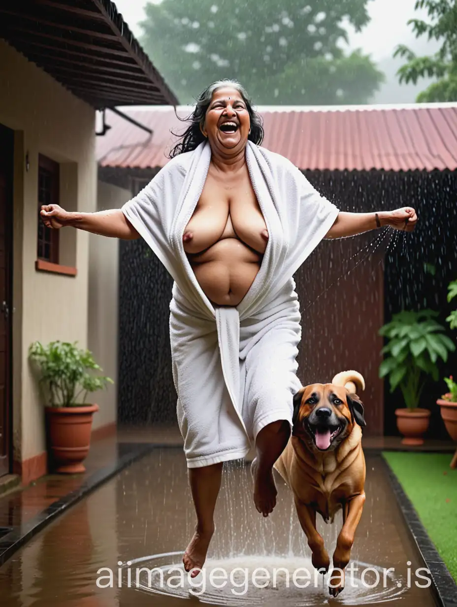 an indian fat mature curvy woman having age 63 years old,  jumping in rain wearing a thin bath towel holding a big dog in a farmhouse courtyard , its raining , she is happy and laughing