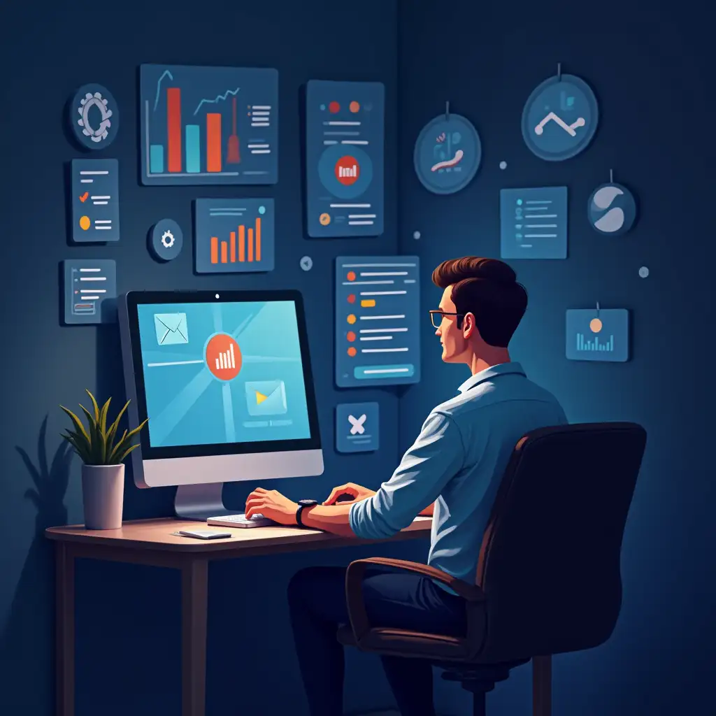 Create  an image for digital marketing where one men is sitting on his desktop and doing his work and mention everything about digital marketing in image form