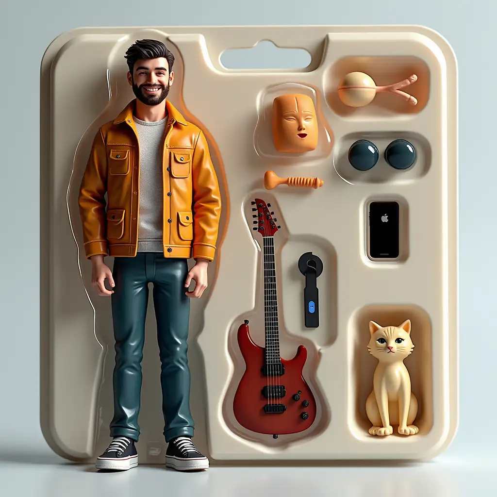 Use this photo of me to create an action figure of myself in a blister pack, in the style like a premium collectible toy. The figure should be standing up and have a relaxed, friendly smile. The blister pack should have a header with the text ‘[ARTS27]’ in large letters and a subheading of ‘[Real man!]’ below it. Include accessories in compartments to the side of the figure: [Electric guitar, iPhone, cat].