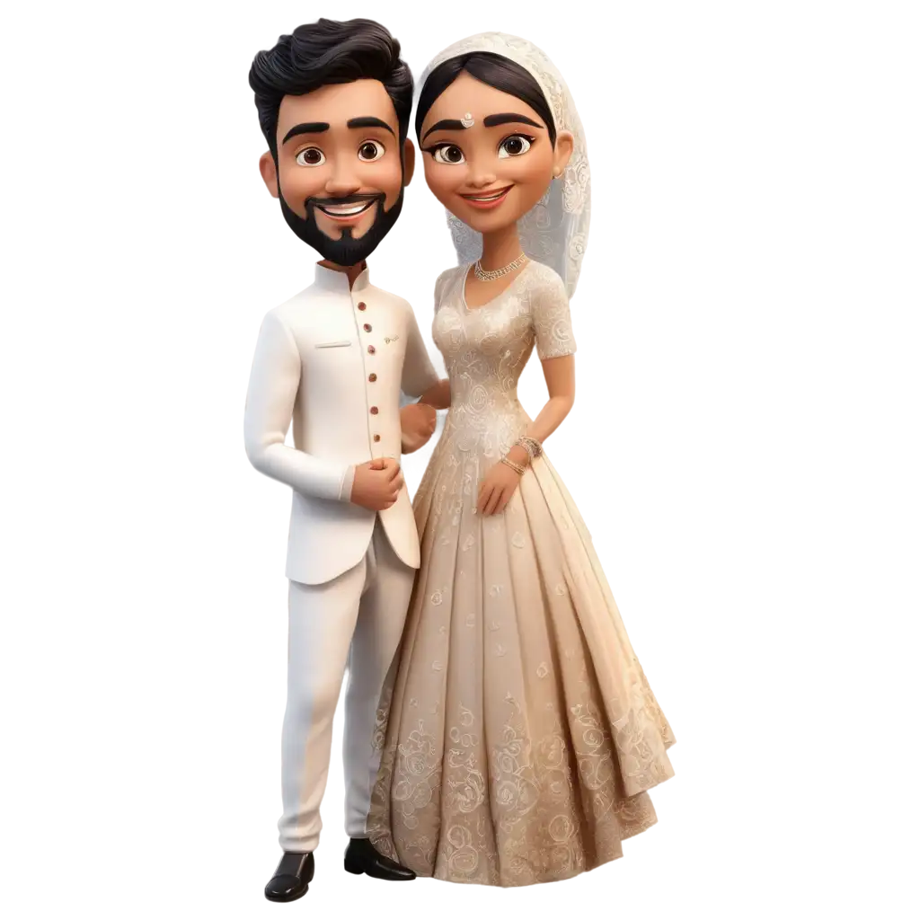 Muslim-Wedding-Caricature-PNG-Groom-in-IndoWestern-Dress-and-Bride-in-Gown