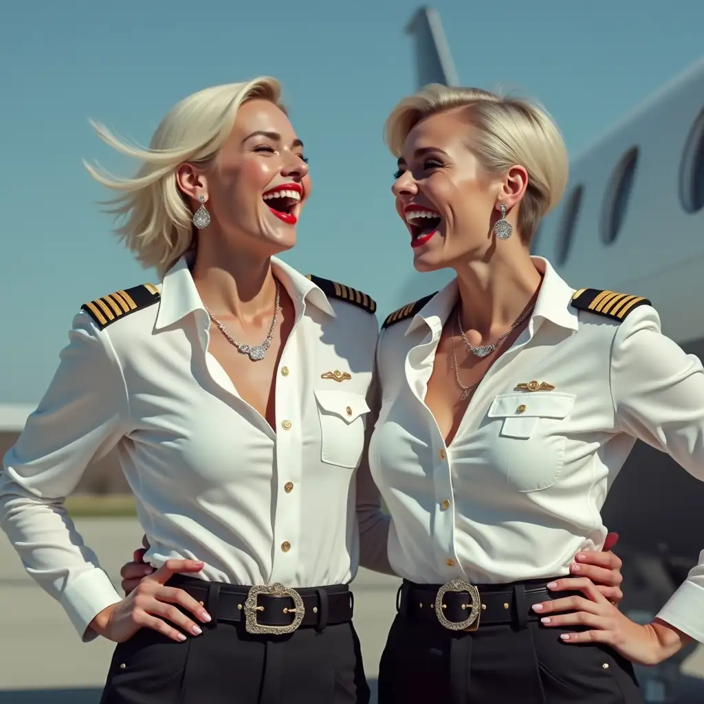 two white Norwegian ladies, in white deep-necked pilot uniform button shirt, laughing with her mouth open, red lipstick accentuating her smile,belt on waist, big wide hips, chest are fully grown, jewelry, short hair, HD, screaming at plane, photo-realism