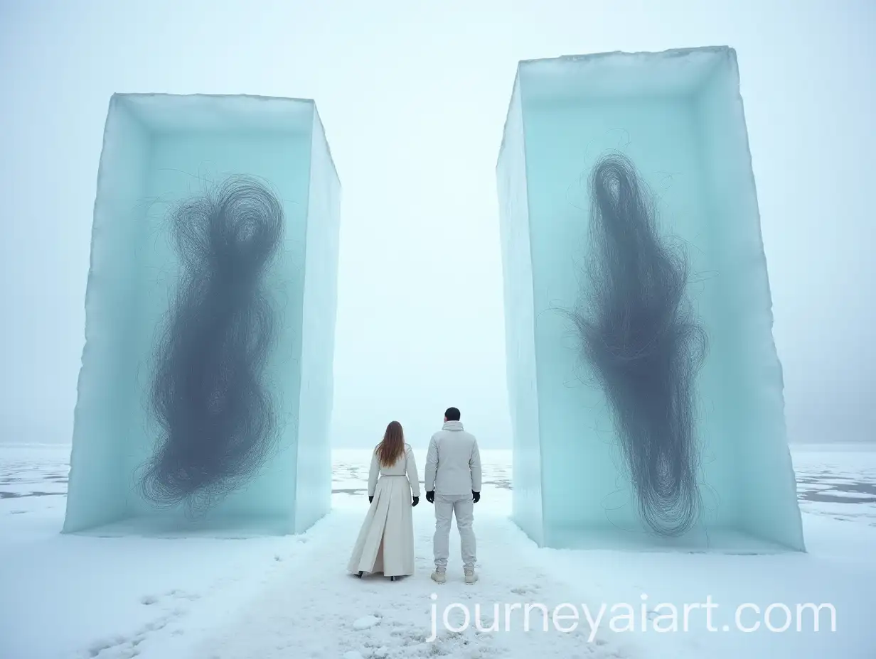 Man-and-Woman-in-White-Clothes-Standing-Among-Giant-Icy-Cubes-in-the-Far-North
