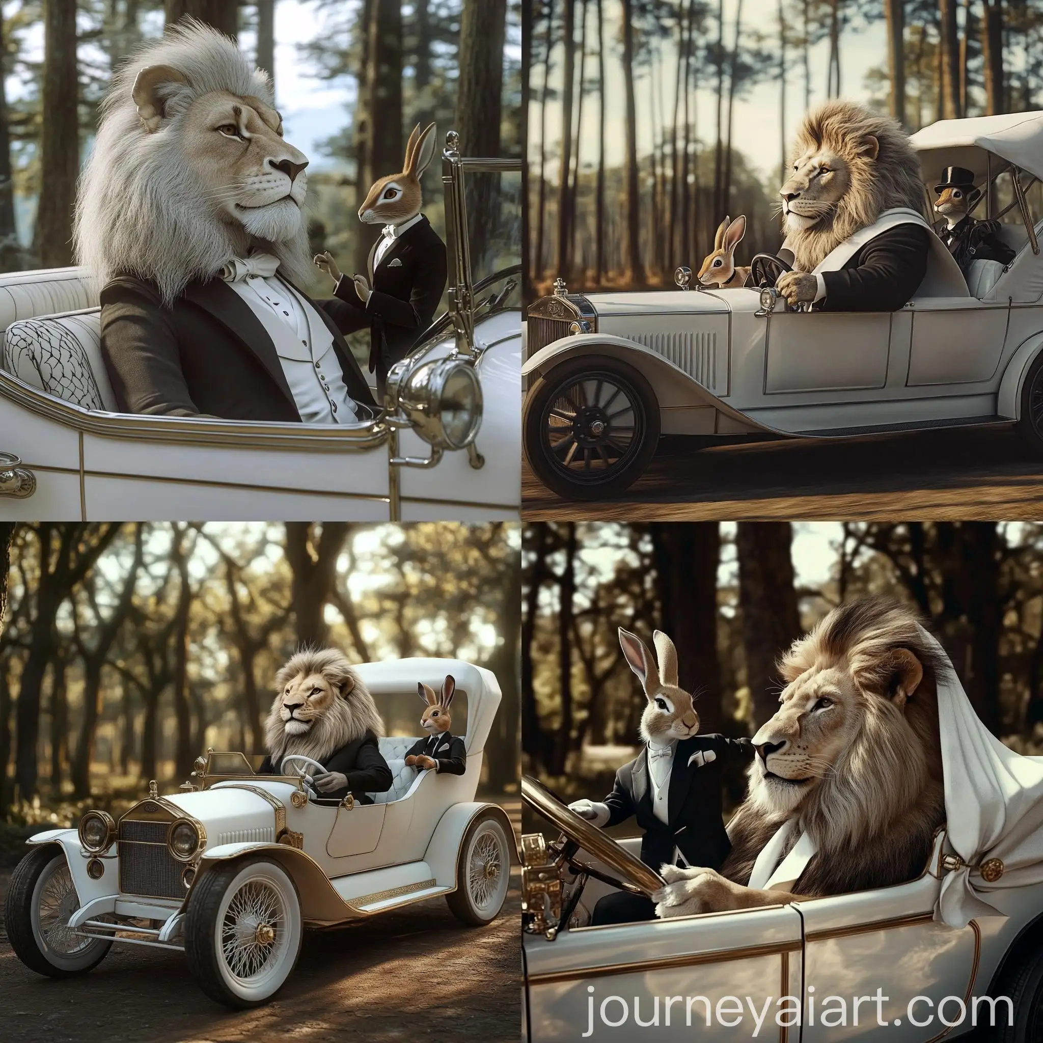 Photorealistic-Lion-in-White-Ford-Model-T-Limousine-with-Hare-in-Black-Suit