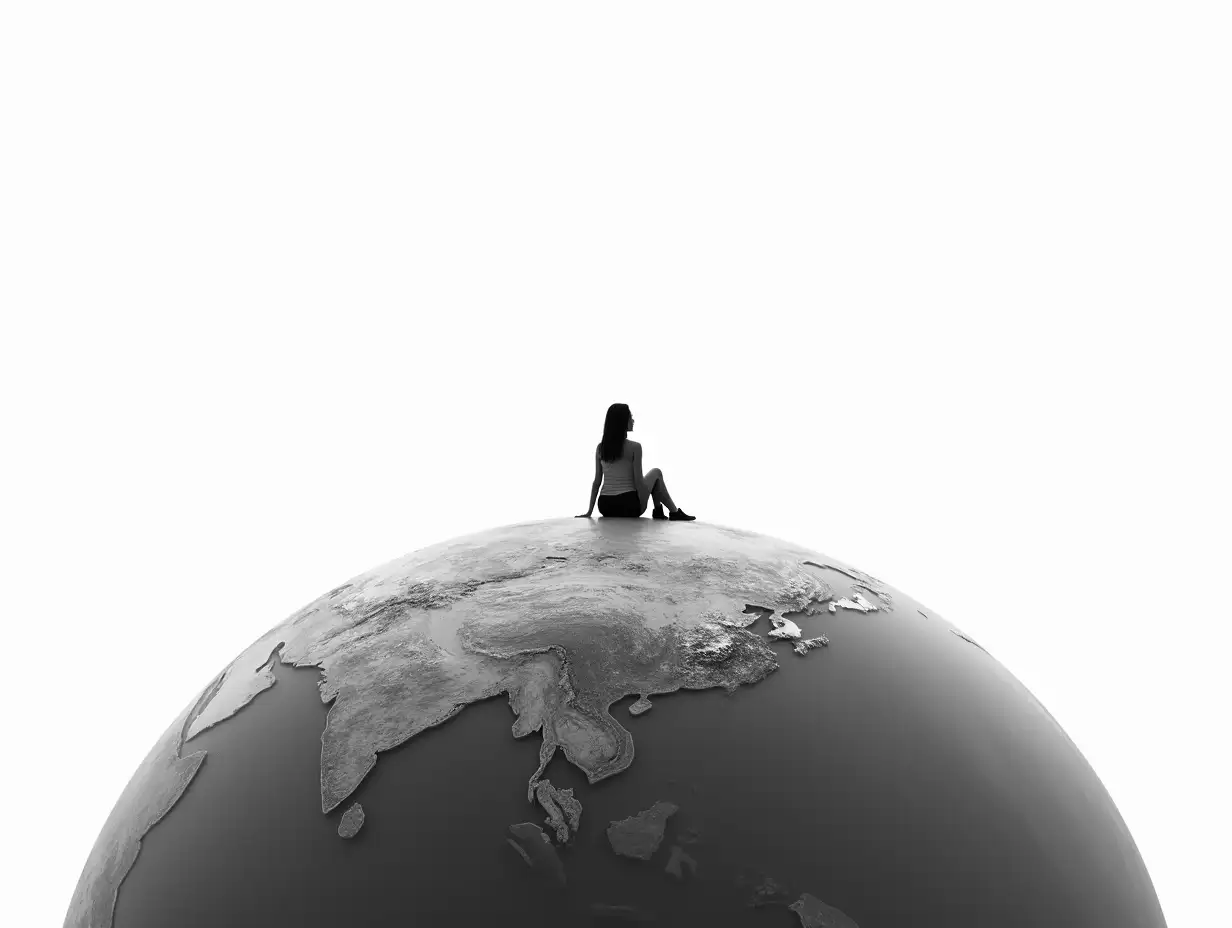 Image if a woman sitting on the top of the planet earth viewed from space, very detailled, whole view, b/w on white background, Banksy style