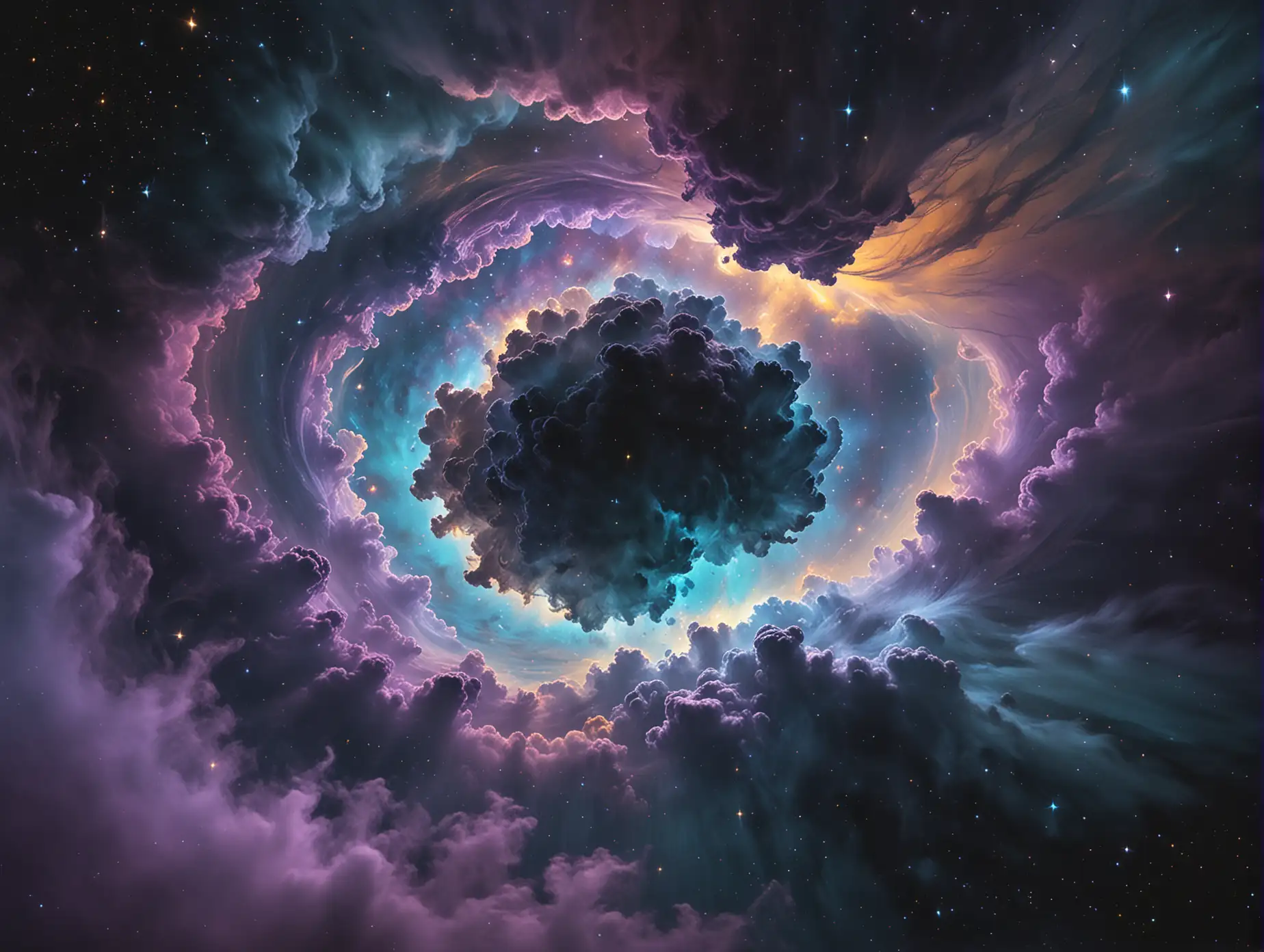 high angle nebula cloud tunnel, purpleblueish mist with hints of yellow, exuding a cinematic quality with toned color grading, evoking a dreamy, ethereal atmosphere, with a shallow depth of field that blurs the surrounding landscape,dreamcore, weirdcore, dark galaxy, black background