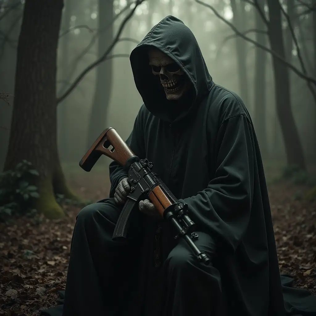 Scary man sitting holding Rifle, No face