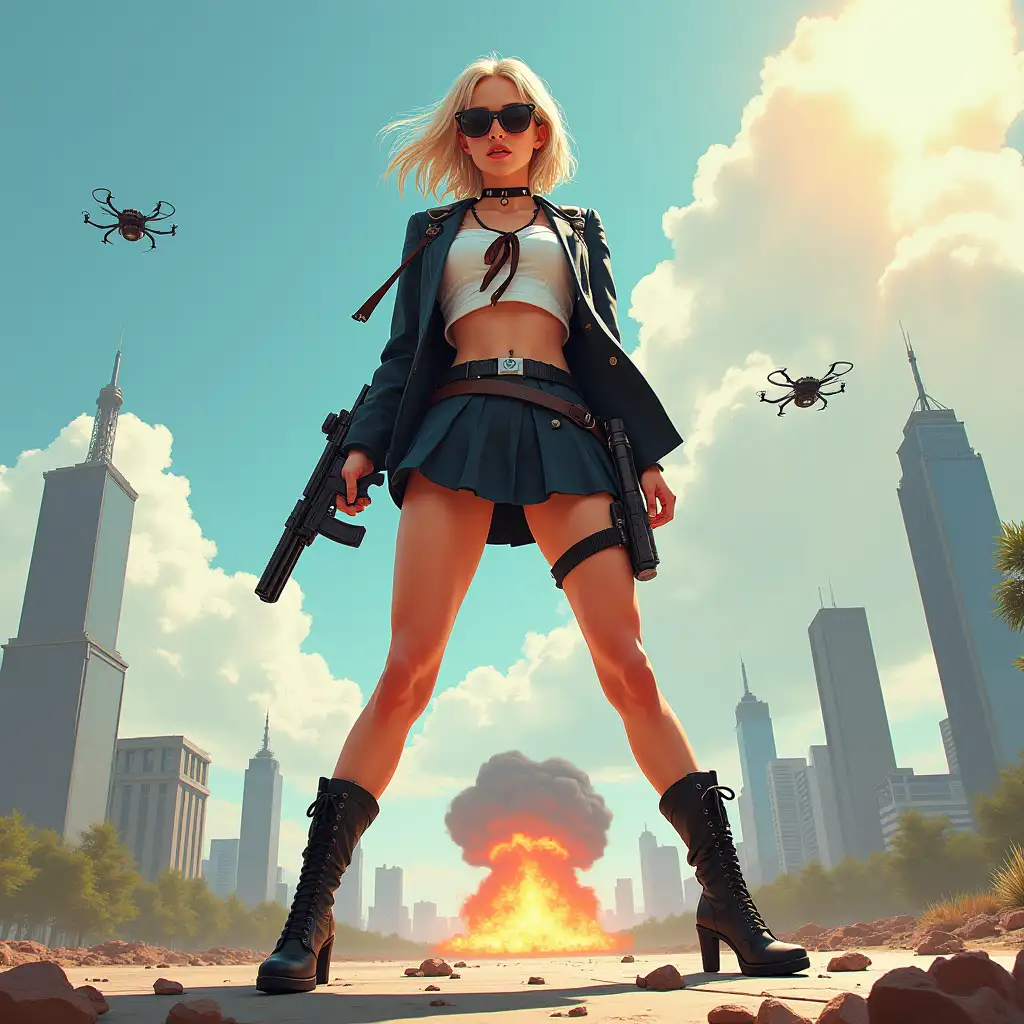 Wide-angle digital painting, (Beautiful woman in stylish school uniform, midriff showing, short skirt, combat boots, and sunglasses : 1.3), Triangular composition, Dynamic full-length pose, Confident expression, (Armed mercenary: 1.3), Gun grip, Supporting pose, City background, Skyscrapers in the distance, nuclear explosion in extreme distance, two small targeting drones above, (Bright sunlight: 1.2), Sharp contrasts, Bold colors, Clear details. female mercenary in cool cyberpunk style in colorful fantasy style, realism, post-apocalyptic landscape, cartel, bald rod, oil painting, rod Nostalgia, strong emotions, low angle, high detail, sharp focus