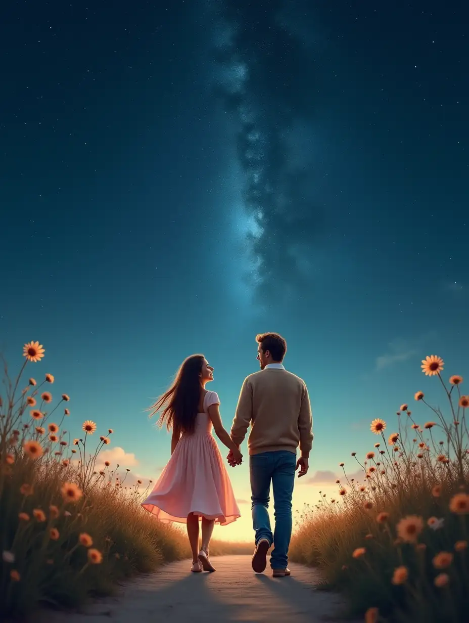 Two people walking hand-in-hand down a quiet path beneath an expansive night sky filled with sparkling stars. The path is lined with gently swaying wildflowers, and the couple looks lovingly at each other as they stroll. The woman wears a flowing, pastel dress, while the man wears a cozy sweater and jeans. The sky is a deep blue with swirling constellations, and soft, warm light surrounds them, adding a sense of coziness.