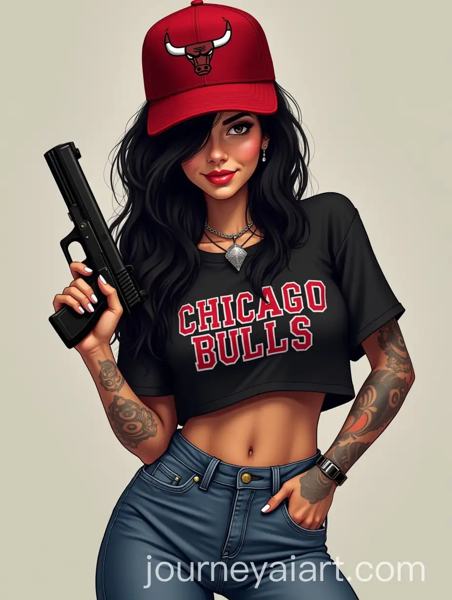 Woman-with-Chicago-Bulls-Snapback-and-Strong-Physique-Holding-Gun