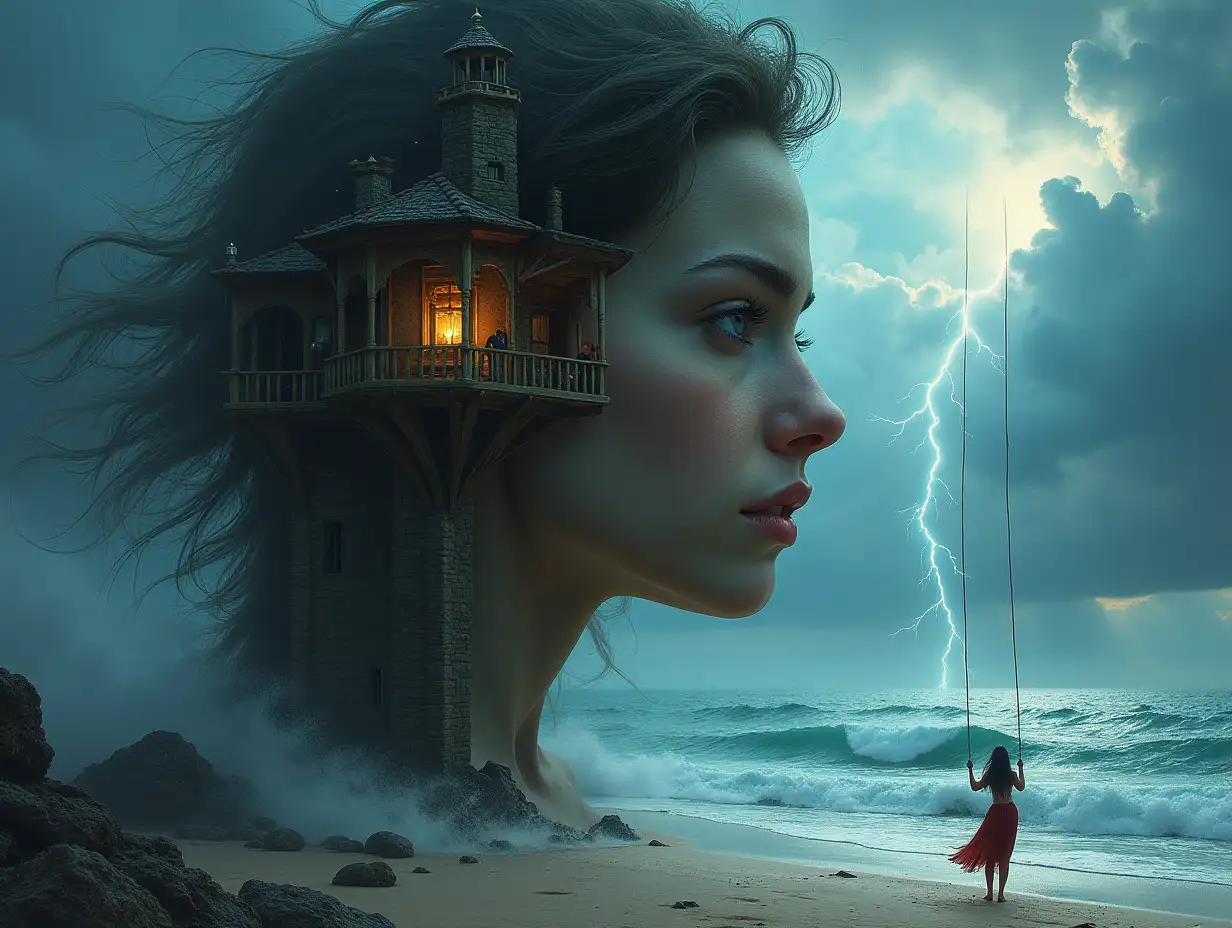 Face with hair transformed into a tall building with a terrace with lantern and hanging swing with a fairy on the beach with big stormy waves and lightning and clouds