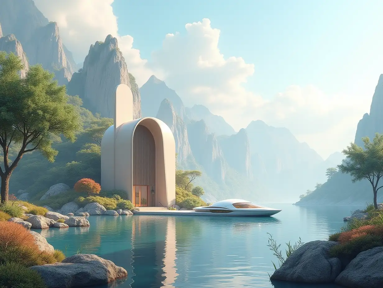 Create a high-resolution realistic image in 4k resolution of a futureistic brown building with white architecture and curved columns, mountains with large trees, rocks, flowers, a futuristic big boat with glass window and cloudy sky