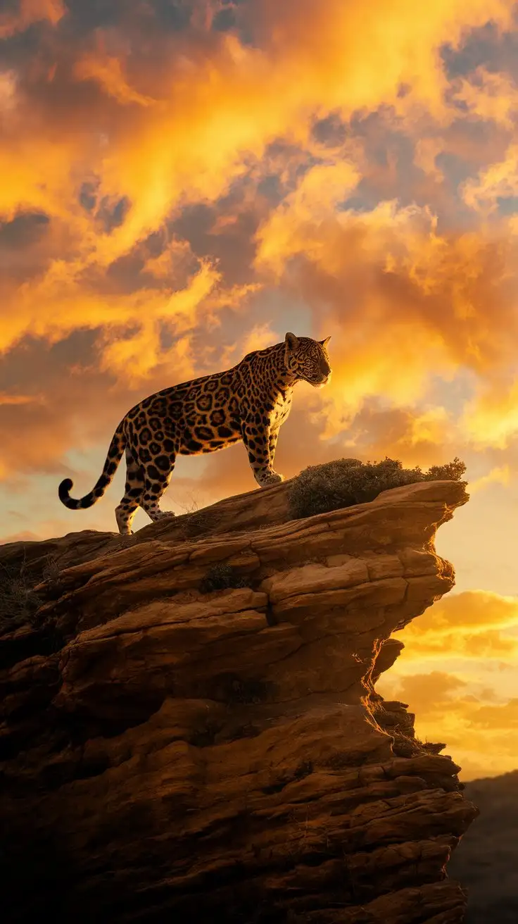 Jaguar-Silhouetted-Against-a-Golden-Sunset-Sky-on-a-Rocky-Outcrop