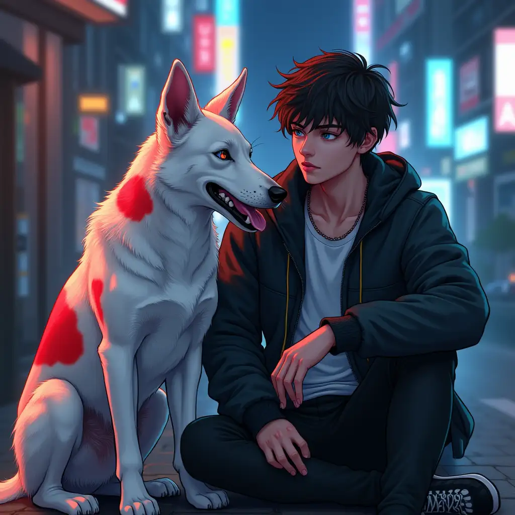 A young and handsome guy, a brunette with blue eyes, sits in cyber city with a white hound dog with red spots