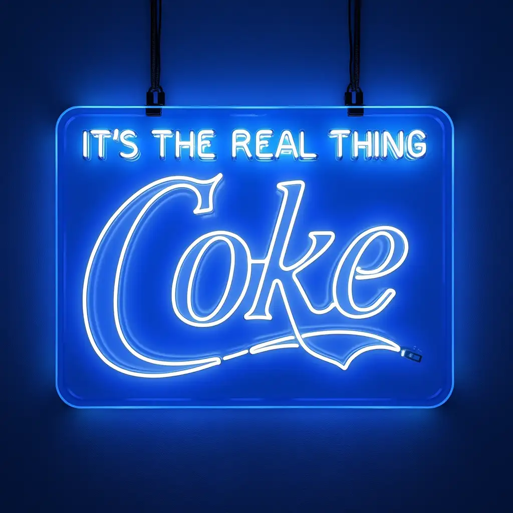 Create a photo realistic large square blue neon sign hanging on a blank wall. It says: IT'S THE REAL THING COKE