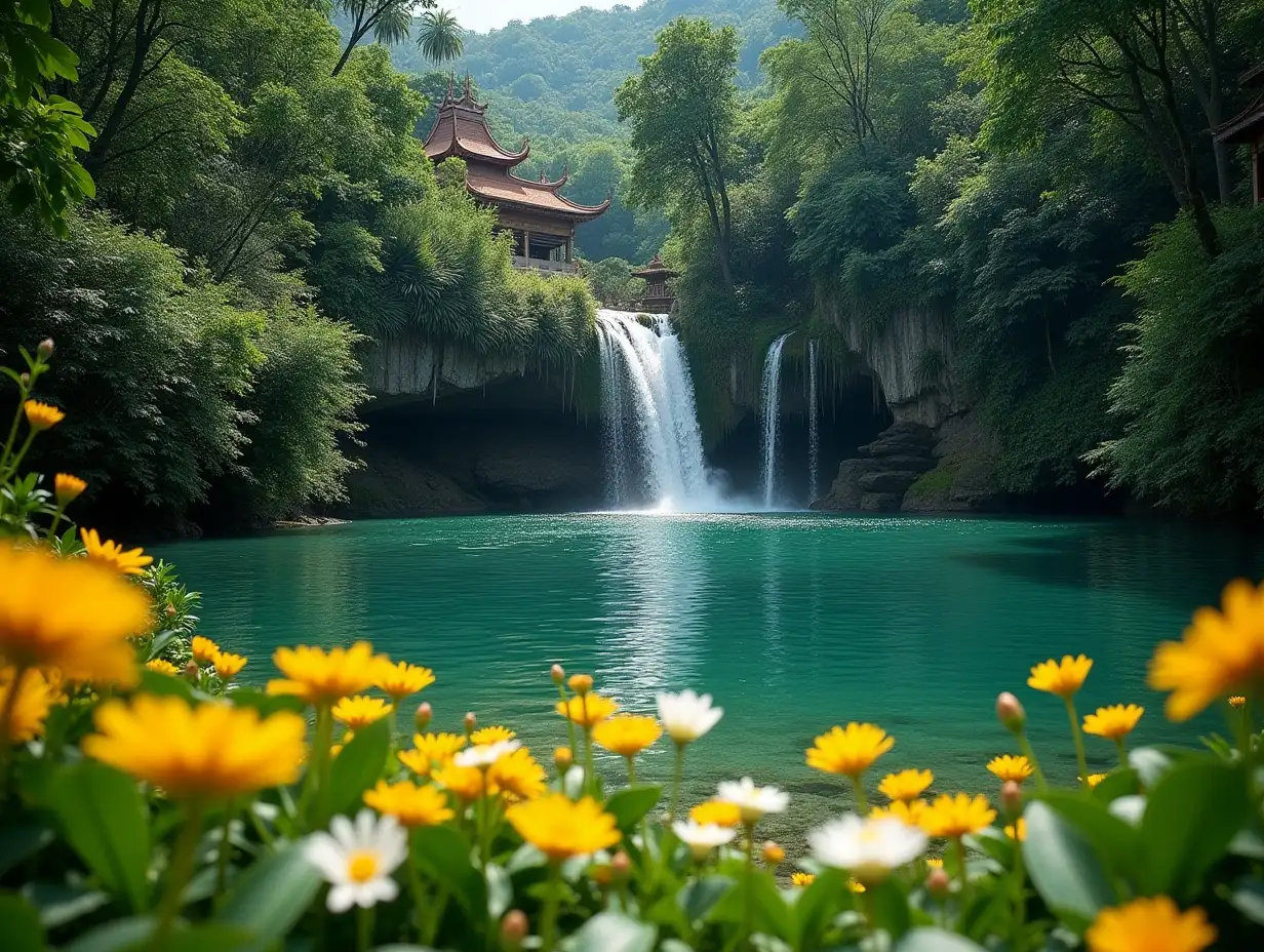 Long shot of a clearing in a tropical forest with abundant bright yellow and white flowers. This is a clear lake, with a small cliff behind from which a series of small water falls cascade down the cliff face. There is a small Buddhist temple by the base of the cliff. The light is bright.