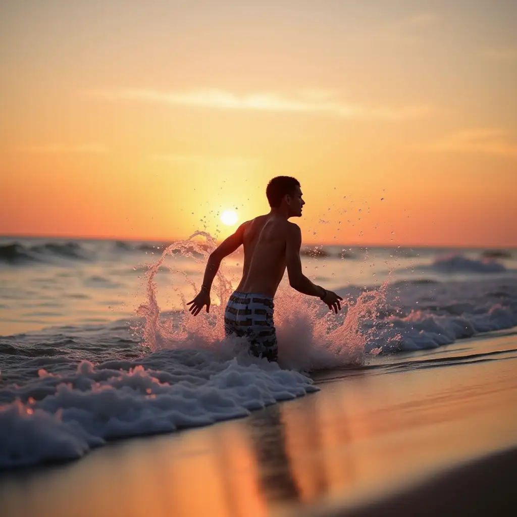 person running and splashing in the sea with the background of a dawn