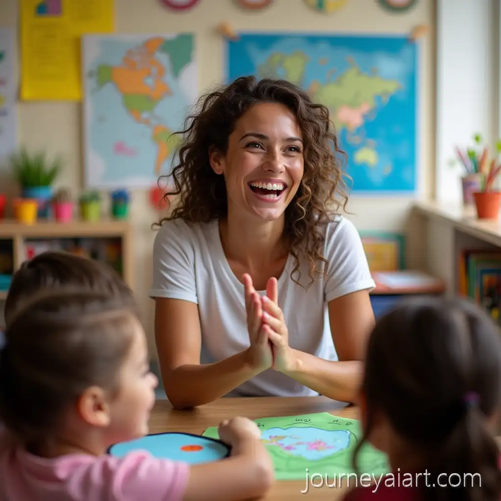 Female-Special-Needs-Teacher-Clapping-in-Classroom-with-Sensory-Games-and-Digital-Art