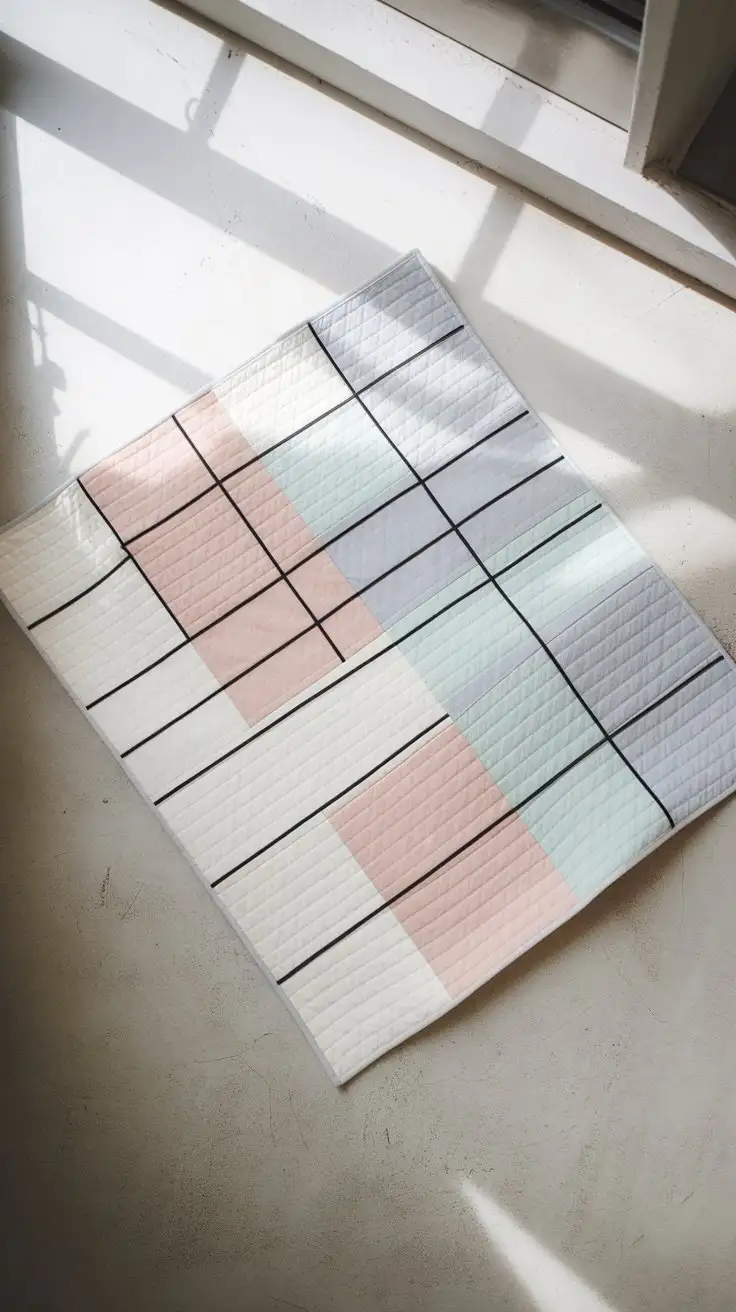 Minimalist-Modern-Baby-Quilt-in-Soft-Pastel-Colors-on-Grey-Concrete-Floor