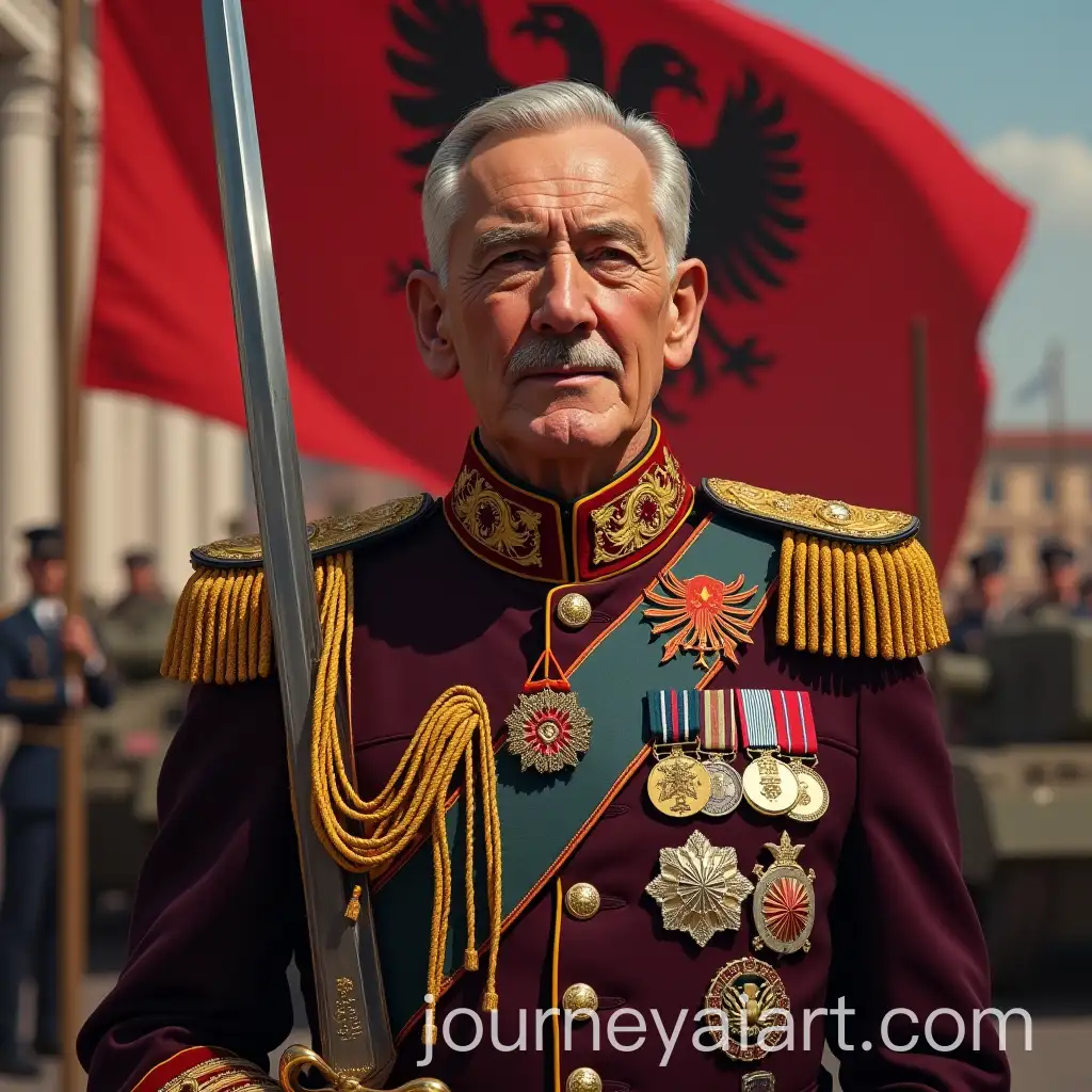 UltraDetailed-Portrait-of-Albanian-Field-Marshal-in-Dark-Burgundy-Uniform-with-Skanderbegs-Sword