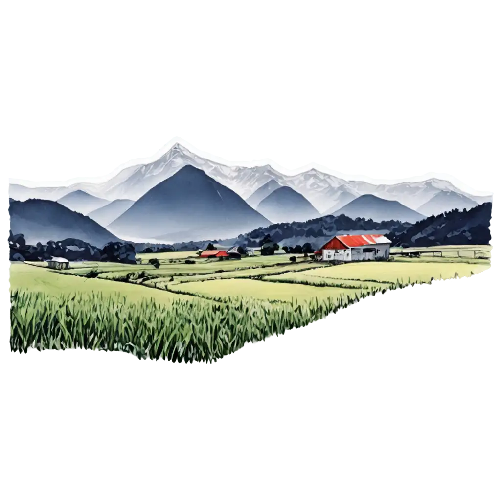 Dairy-Farm-PNG-Image-with-Black-Gel-Pen-Graphics-and-Mountain-Background-HighQuality-Digital-Art