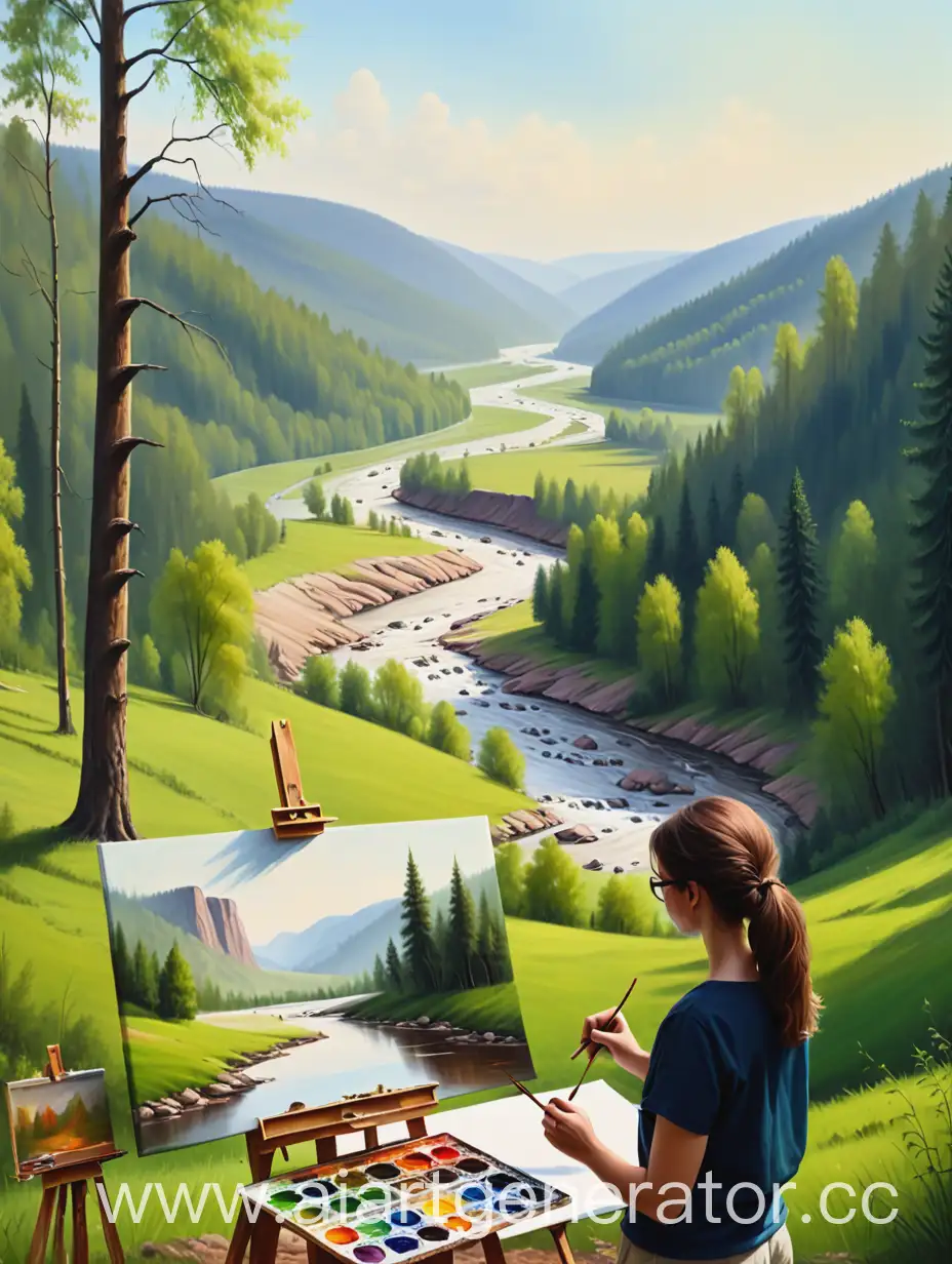 Landscape-Painter-in-Valley-Tranquil-Forest-and-River-Scene