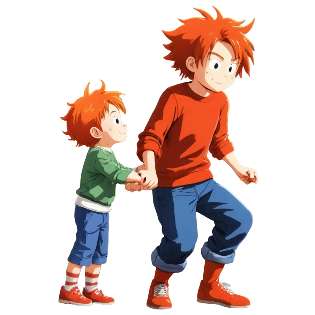 Little-Boy-in-a-Red-Sweater-with-Orange-Hair-Helping-a-Person-PNG-Akira-Toriyama-Style-Artwork