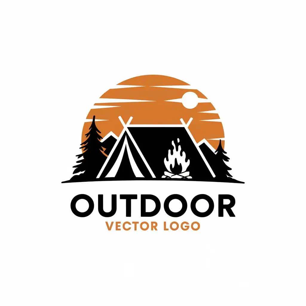 a vector logo design,with the text "OUTDOOR", main symbol:Tents, bonfires, distant mountains, sunsets, nature, picture, Moderate, be used in Outdoor sports, clear background,complex,be used in Travel industry,clear background