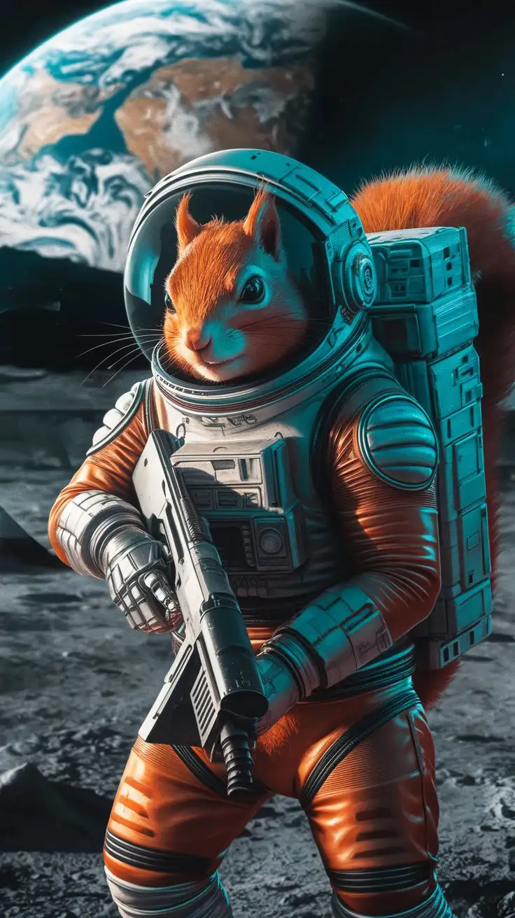 Cybernetic-Red-Squirrel-in-Space-Suit-Holding-Gun-on-the-Moon-with-Earth-View