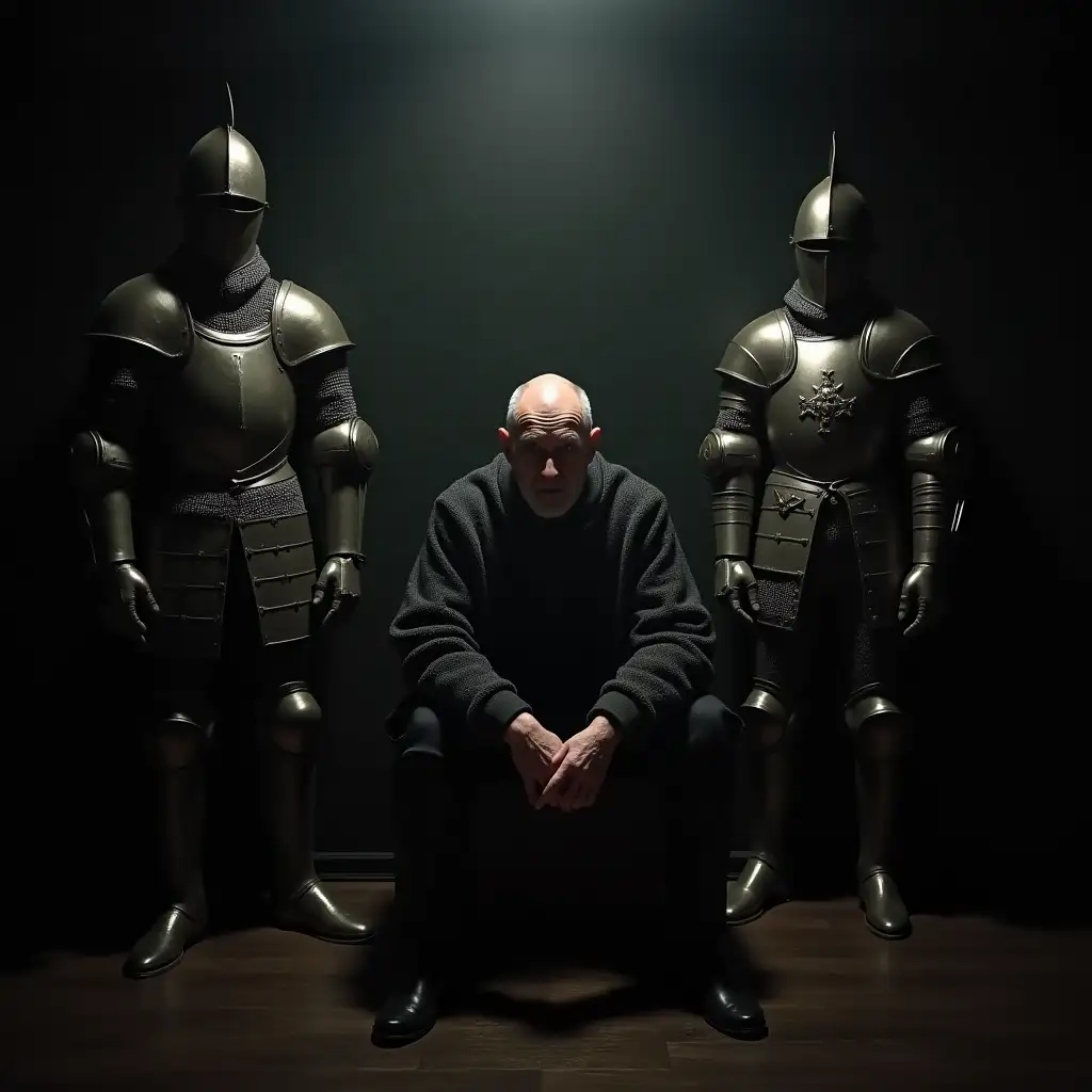 a creepy old slavic man sitting in a dimly lit room? flanked by two medieval armor sets