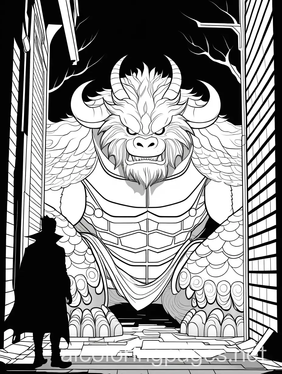 A manga hero facing off against a fearsome monster in a dark alley , Coloring Page, black and white, line art, white background, Simplicity, Ample White Space. The background of the coloring page is plain white to make it easy for young children to color within the lines. The outlines of all the subjects are easy to distinguish, making it simple for kids to color without too much difficulty