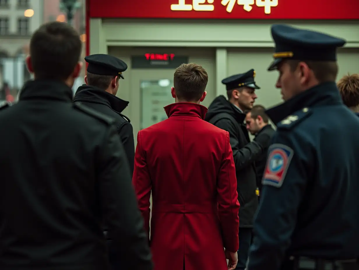 Red tall thin man carefully goes to the kiosk. Behind him gloomily watch three types of gang appearance and one type in uniform of Russian police.