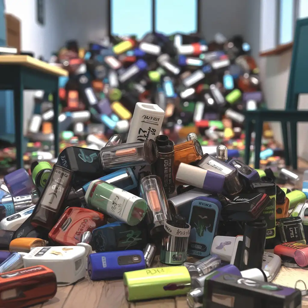 pile of cartoon one-time use vapes in 3d room