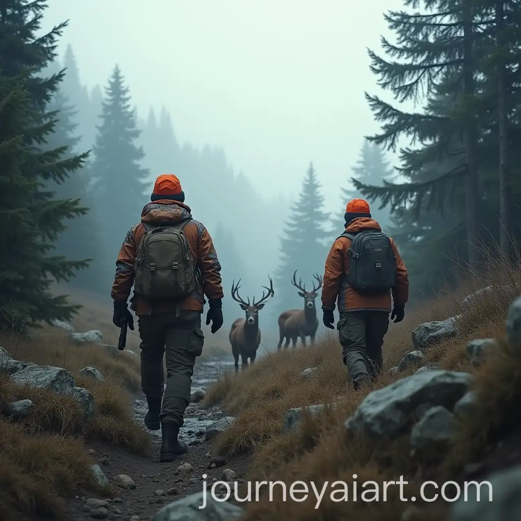 Hunters-Tracking-Deer-in-a-Misty-Mountain-Forest-at-Dawn