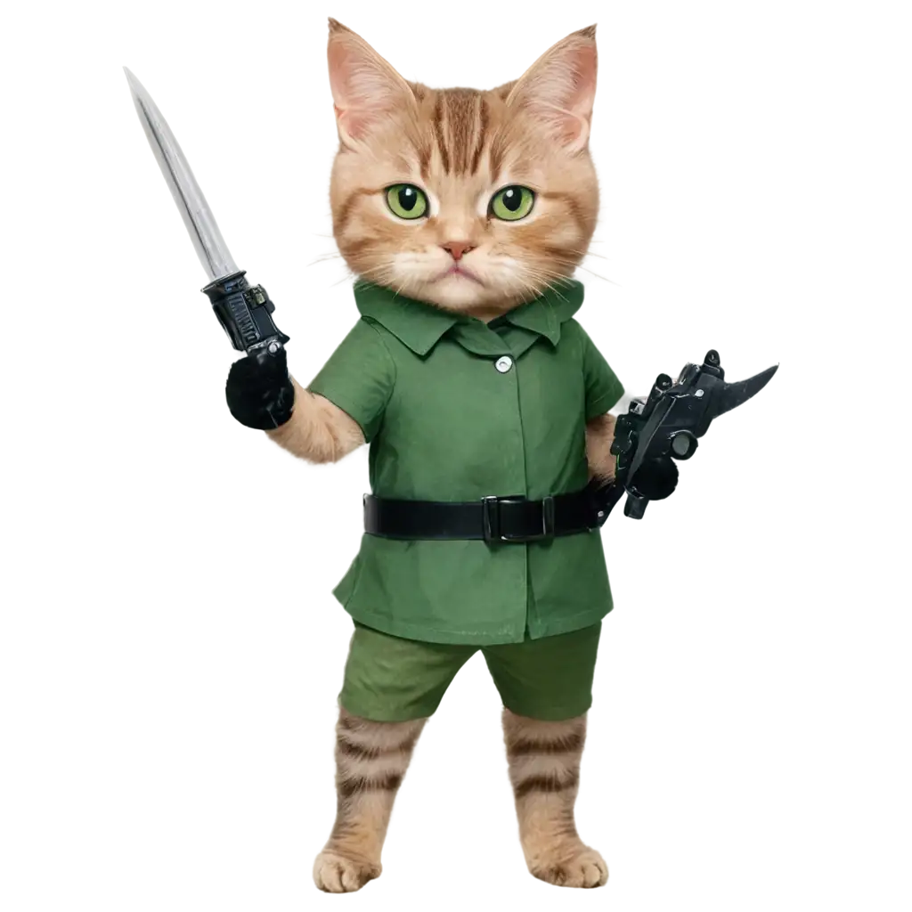 Dynamic-Cat-Holding-a-Weapon-in-Green-Clothes-PNG-Image-Concept