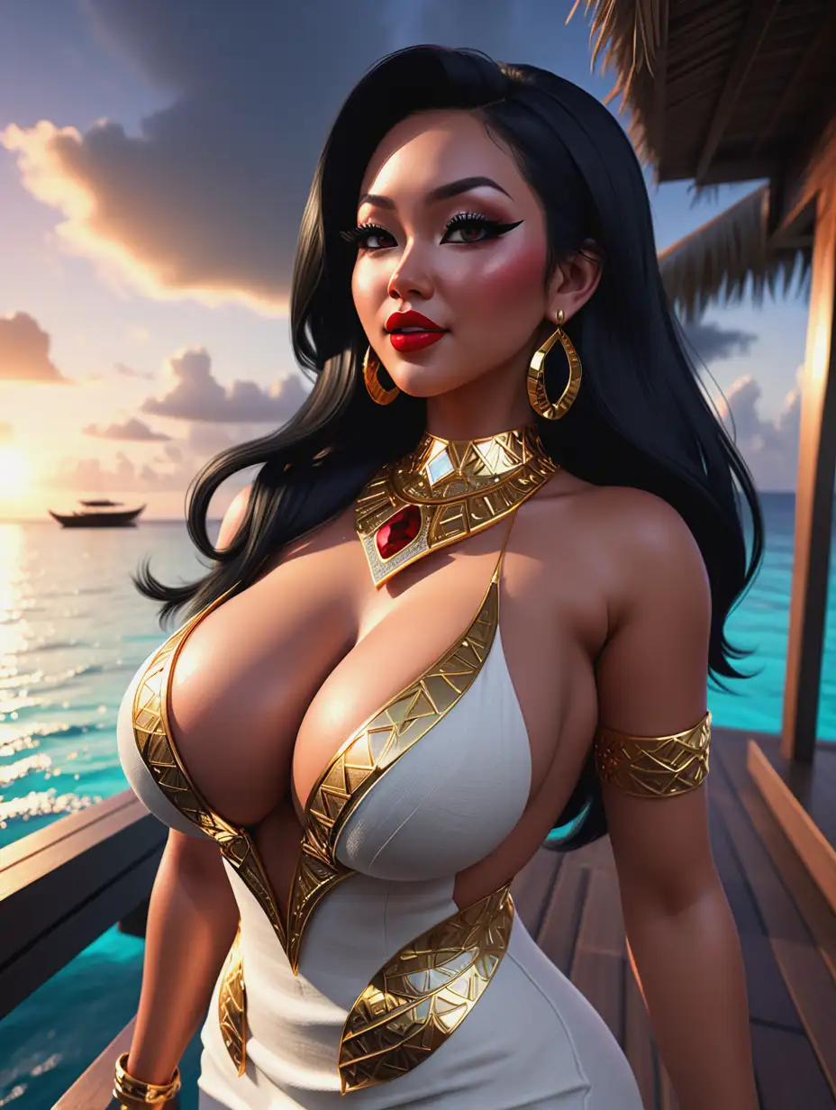 High res, best quality, max detail. Ray tracing, reflections, dynamic lighting. Maldives sunset atmosphere. Tropical aesthetics, emotional depth, opulent themes, intricate details.nMassive_Breasts plus_size Asa_Akira lookalike poses. 30 years old.nExquisite intricate linen white dress, Hell_Knight_Ingrid_inspired design. Outfit has dangling fabric & massive deep wide cutouts.nExquisite huge gold diamond necklace, chunky gold regal bracelets, earrings.nHuge_protruding_buxom. Wide_hips. Huge_bubble_booty.nFull_very_long_eyelashes. Long straight black hair. Red lipstick, bold thick eyeliner, sparkling dark eye shadow.nFriendly_smile.