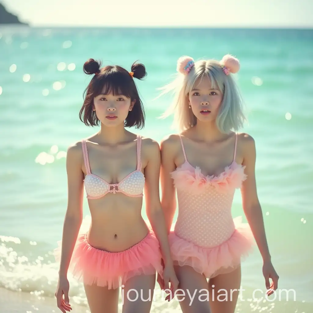 Two-Asian-Women-Friends-in-Playful-Beach-Attire-Embracing-aAI-Image-Prompt-Expansion-Moment-of-Joyful-Wonder