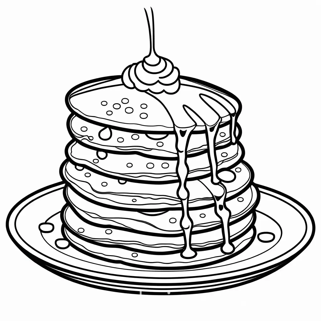 pancakes, Coloring Page, black and white, line art, white background, Simplicity, Ample White Space. The background of the coloring page is plain white to make it easy for young children to color within the lines. The outlines of all the subjects are easy to distinguish, making it simple for kids to color without too much difficulty