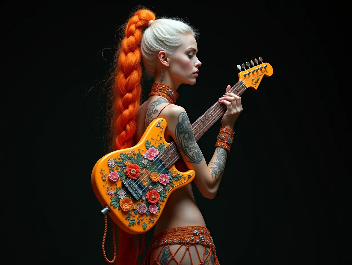 Depiction of a beautiful white woman with -tattoo, futuristic long braid with orange braided hair and laced boots, holding a electric guitar flowers with intricately detailed, colorful and futuristic jewelry in her hand. Black background blurred 120-mm shot