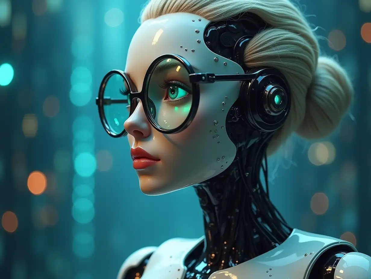 Create an AI image a half old Cyber woman half robot with round glasses