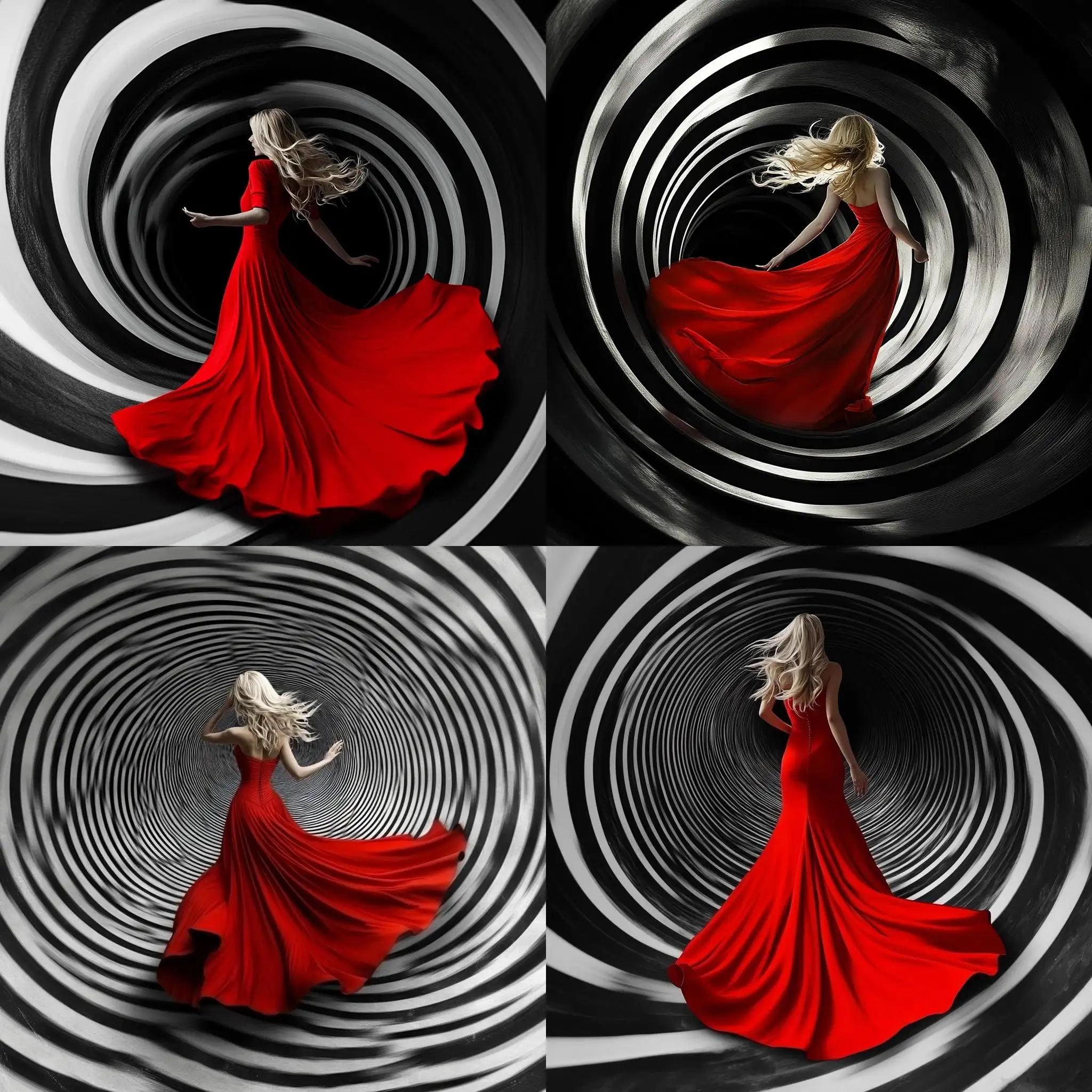 Blonde-Girl-in-Red-Dress-Emerging-from-Swirling-Black-and-White-Tube