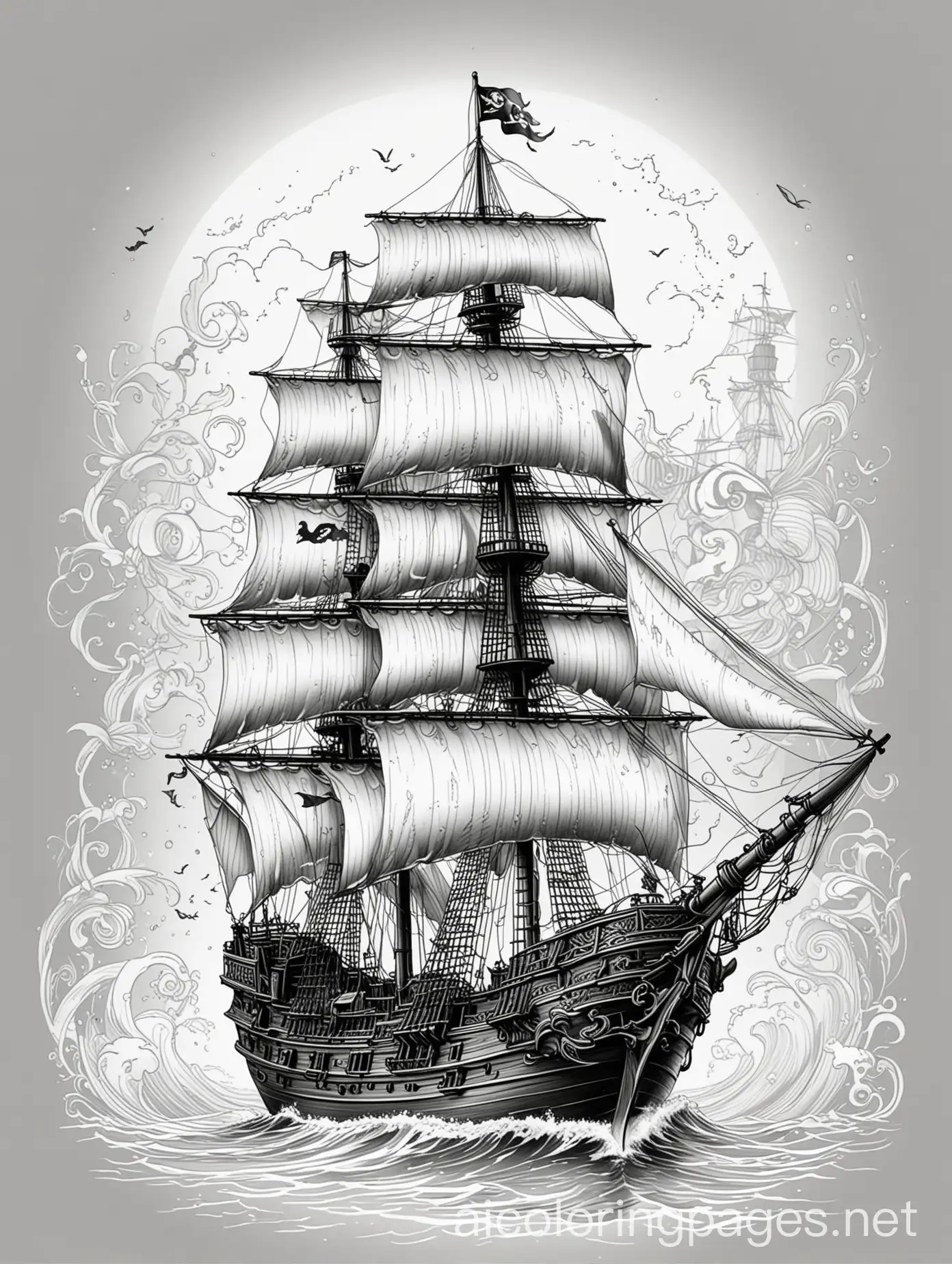 Exquisitely-Detailed-Pirate-Ship-Coloring-Page-in-Moonlight