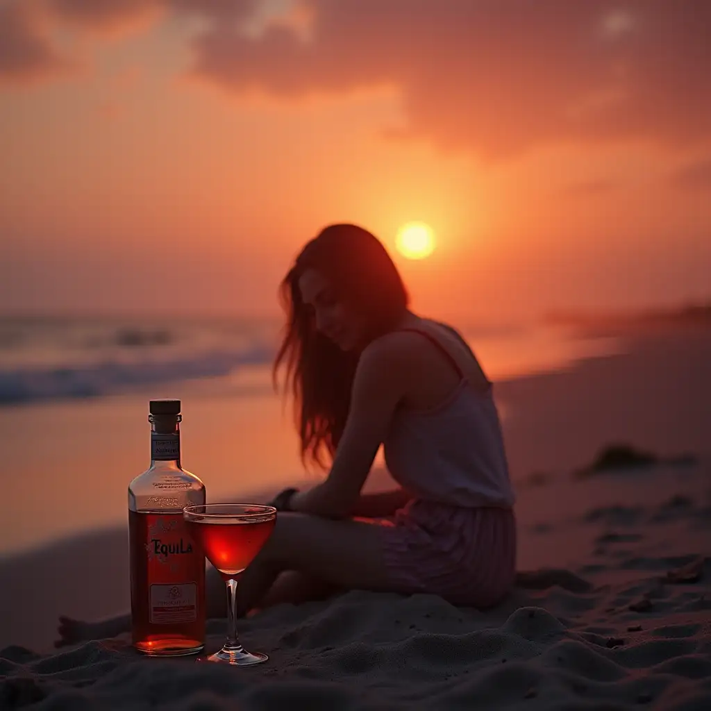 Draw this image... A hauntingly beautiful image that captures the essence of heartache, longing, and nostalgia. Image: A lone woman sitting on a beach at sunrise, with a tequila bottle and a glass filled with a tequila sunrise. Color palette: Warm, muted hues of orange, pink, and purple, evoking the feeling of a sunrise. Composition: The woman could be facing away from the camera, lost in thought, with the tequila bottle and tequila sunrise in the foreground. The sunrise could be visible in the background, with the sky ablaze with warm colors. Mood: The overall mood of the image should be contemplative, melancholic, and introspective, capturing the pain of lost love and the longing for something that's gone. Style: The image could be shot in a cinematic style, with a shallow depth of field, to emphasize the figure and the tequila bottle, while blurring the background. This type of image would perfectly capture the essence of the song, inviting listeners to immerse themselves in the emotional journey of heartache and longing.