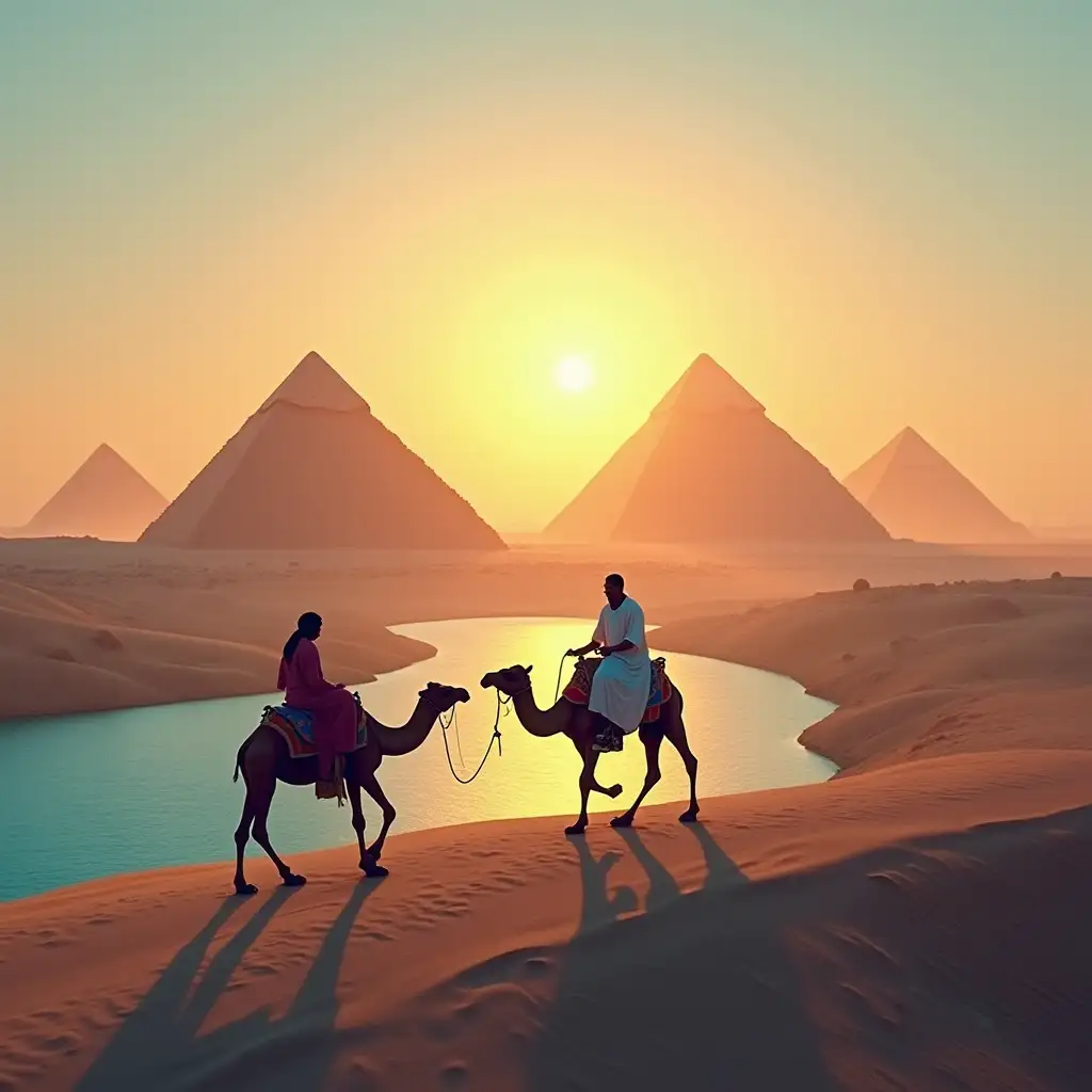 a blue river, pyramids, a Bedouin riding a camel on the road of sunrise