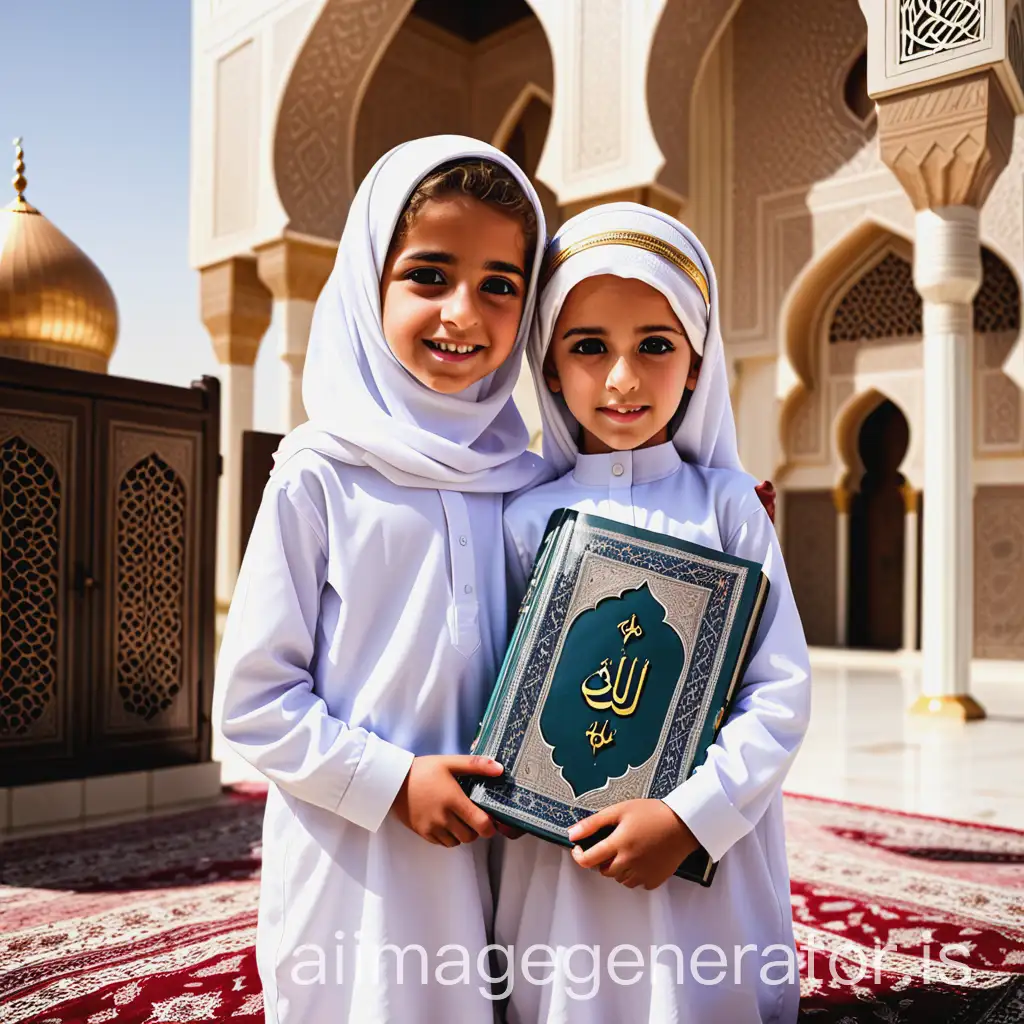 Arab-Children-Holding-Qurans-in-Front-of-a-Mosque