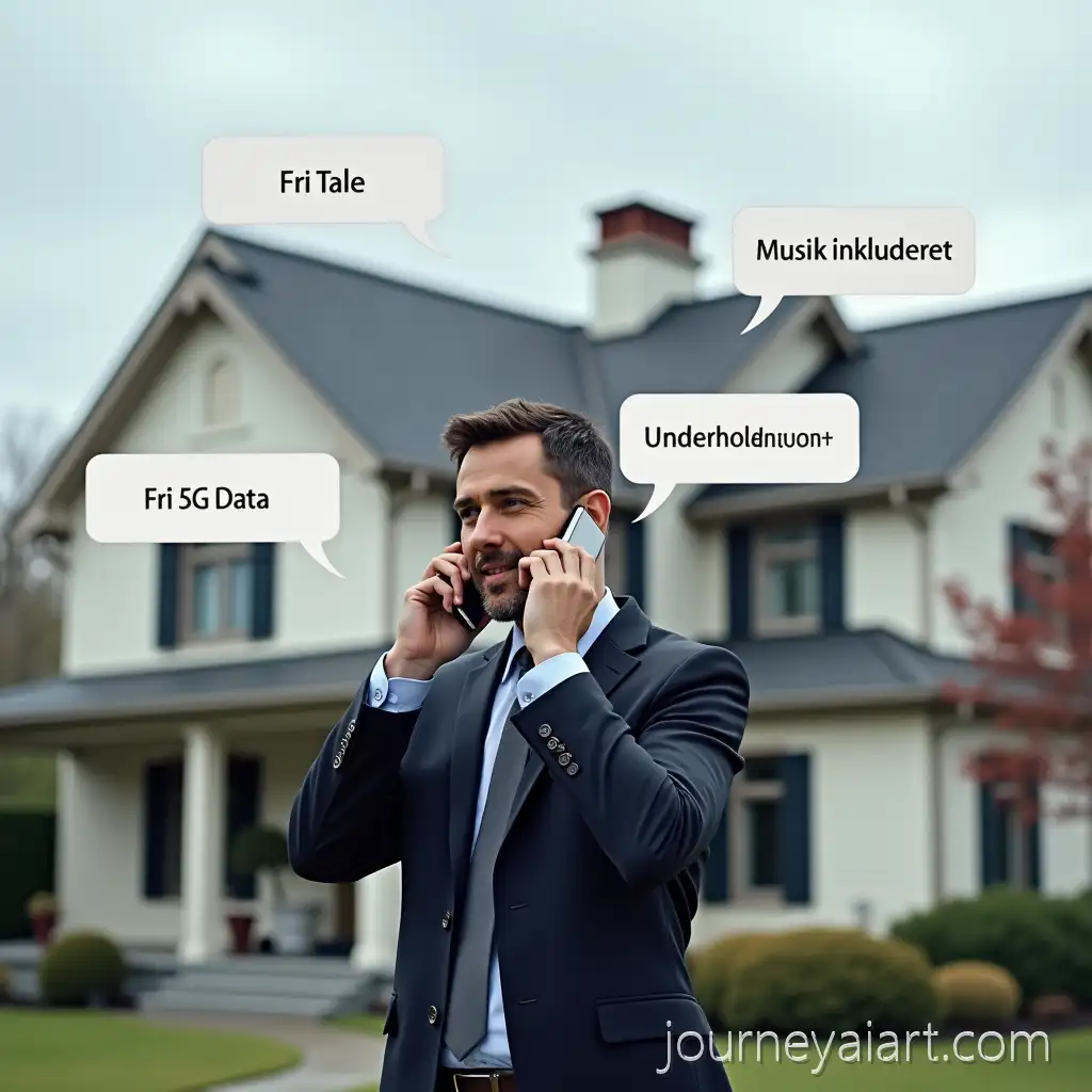 Businessman-Talking-on-Phone-in-Front-of-Luxury-Home-with-Floating-Technology-Boxes