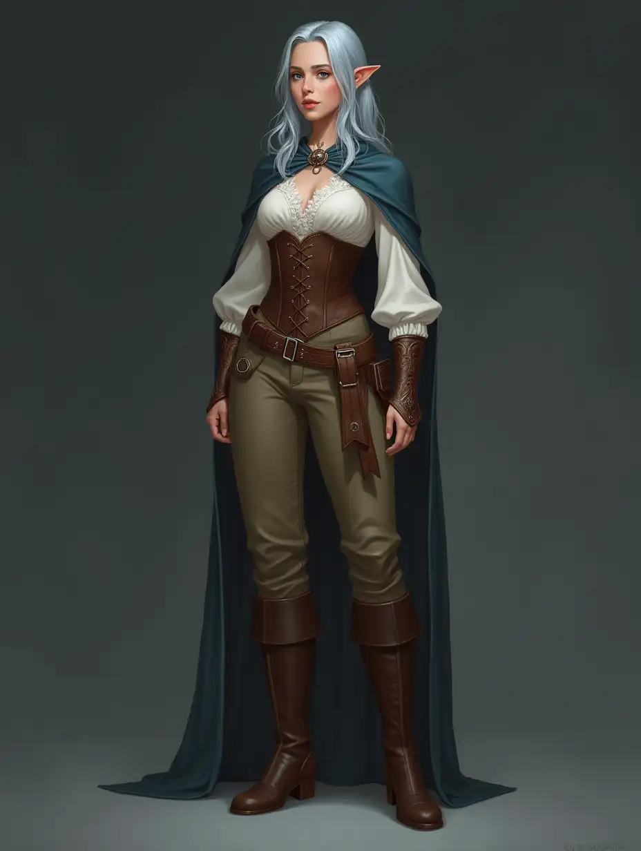 D&D-style female elf, full-body design. Mid-20s, average height, slim curvy build, pale shimmering skin. Medium-length, light blue hair in a loose tie with face-framing bangs. Glowing silver eyes, calm and tired expression. Oval face, high cheekbones, sharp jawline, delicate features. Noble but practical outfit: white blouse under brown corset, earthy trousers, sturdy boots, cloak. Confident regal pose. Soft even lighting, solid dark grey background. Intricate details, sharp focus, semi-realistic fantasy style, mystical atmosphere.