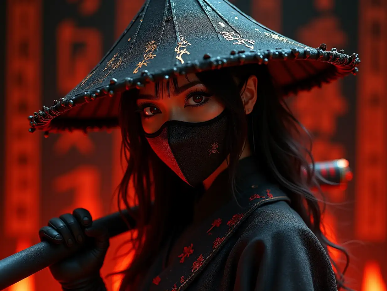 A realistic samurai girl with a masked face in stylish cyber-punk fiery black-red clothing and a hat with wide brims with a sword in hand on a dark background with burning hieroglyphs. Cosplay.