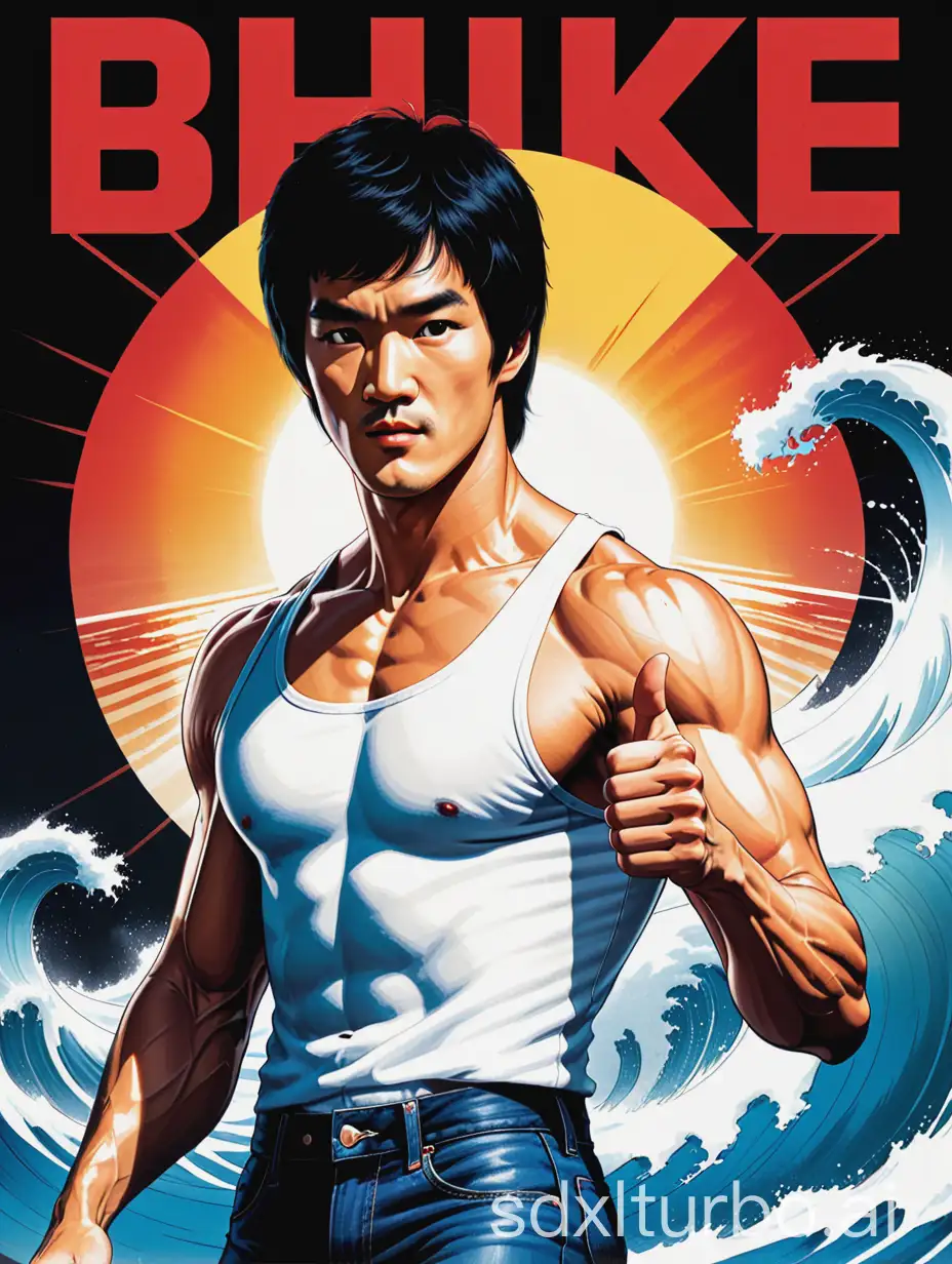 1980s promotional artwork poster illustration for a fighting game. Dominating the illustration is Bruce Lee standing and giving a thumbs up. Bruce Lee is wearing a white tank top, denim jeans, and white sneakers. The illustration style a hand painted and airbrushed illustration with high contrast shadows, vivid highlights, smooth and shiny skin texture, and rim lighting. Behind Bruce Lee is a large tsunami wave and red sun. The illustration contains the predominant text 'BE LIKE WATER', written in an edgy and cool vintage comic typography. The illustration is set set on a black background.