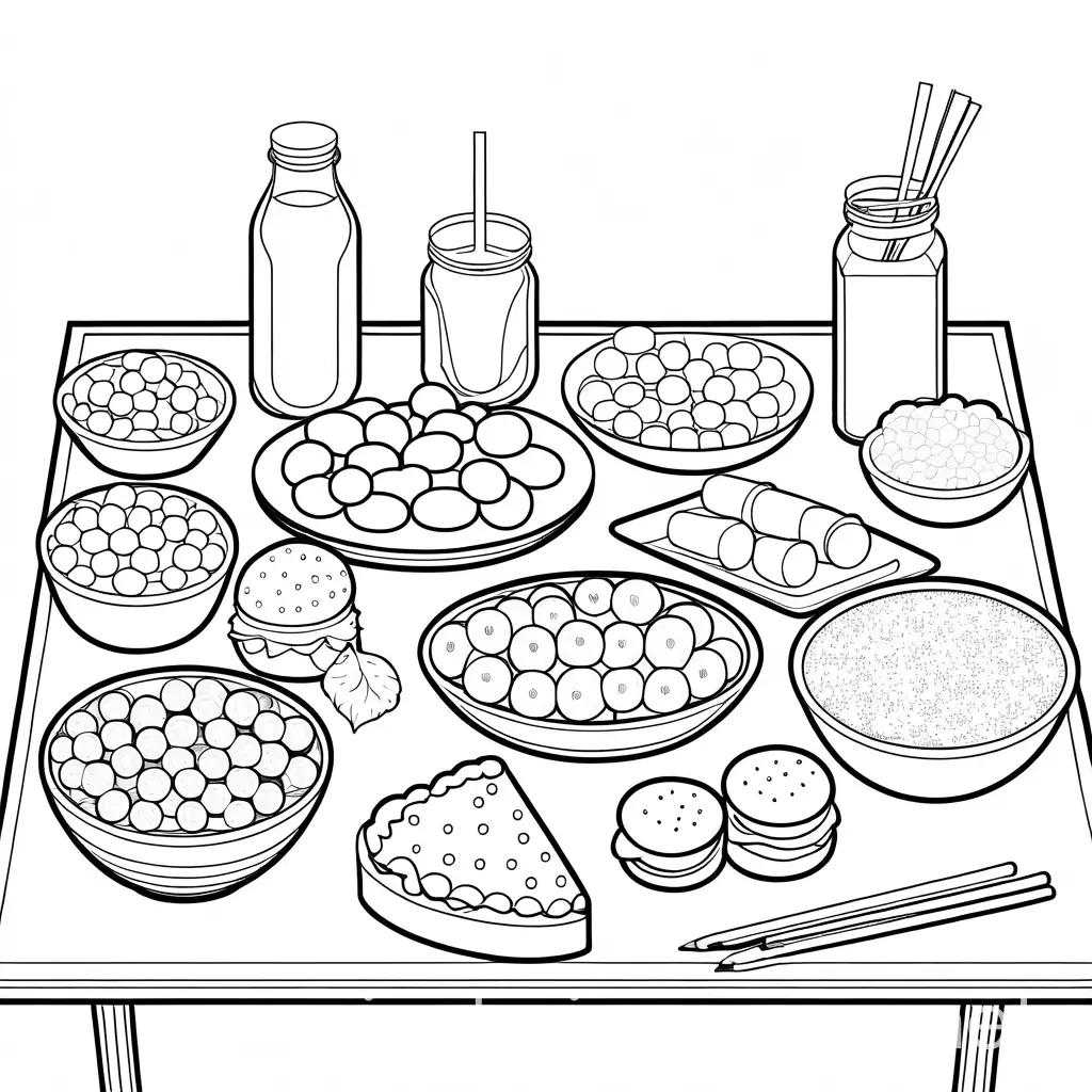 bold and easy snacks on a table drawing, Coloring Page, black and white, line art, white background, Simplicity, Ample White Space. The background of the coloring page is plain white to make it easy for young children to color within the lines. The outlines of all the subjects are easy to distinguish, making it simple for kids to color without too much difficulty