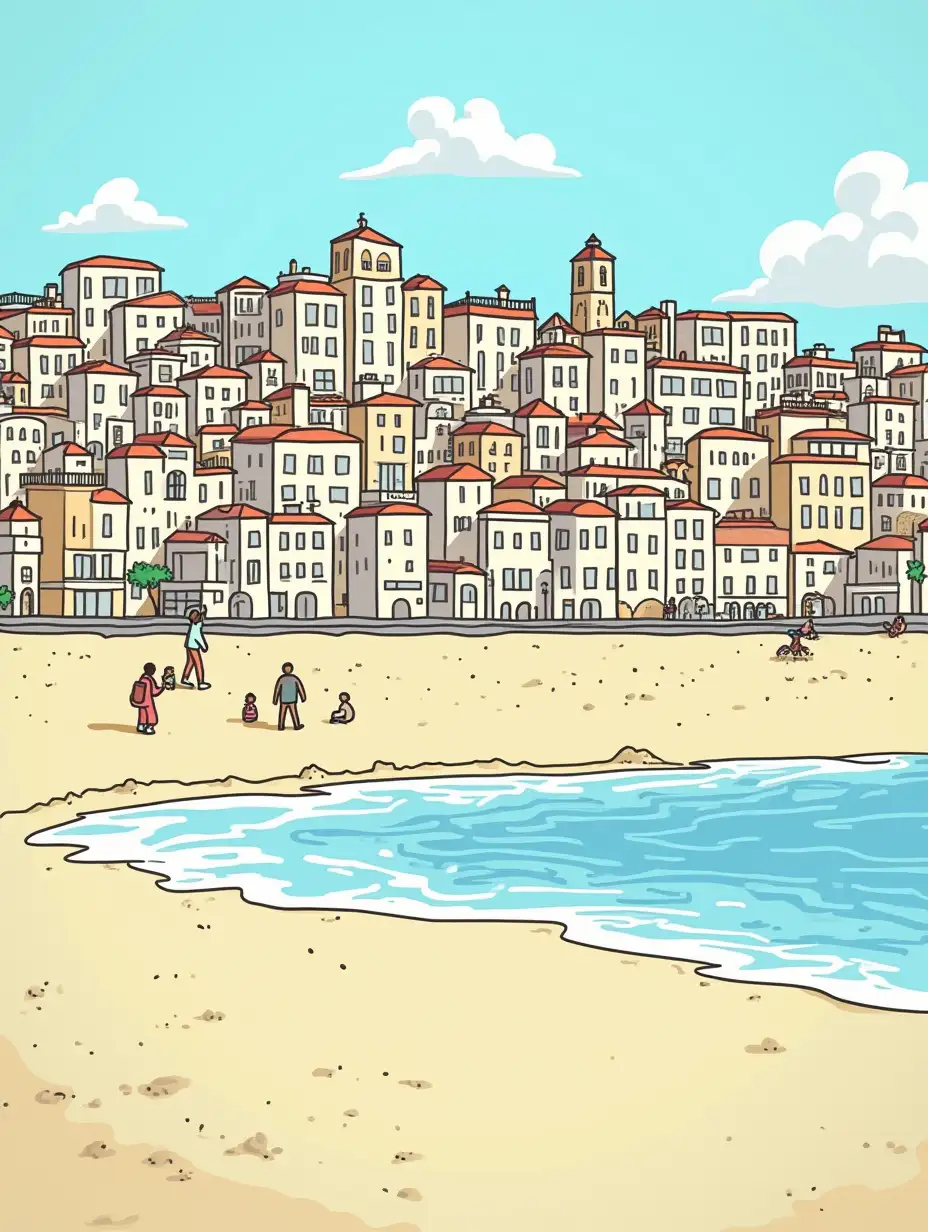 I would like you to create an image in the style of Where's Waldo, but from the city of Malaga, where the main focus is la malagueta and famous buildings in the background, please make sure there is more sand and less buildings and sea